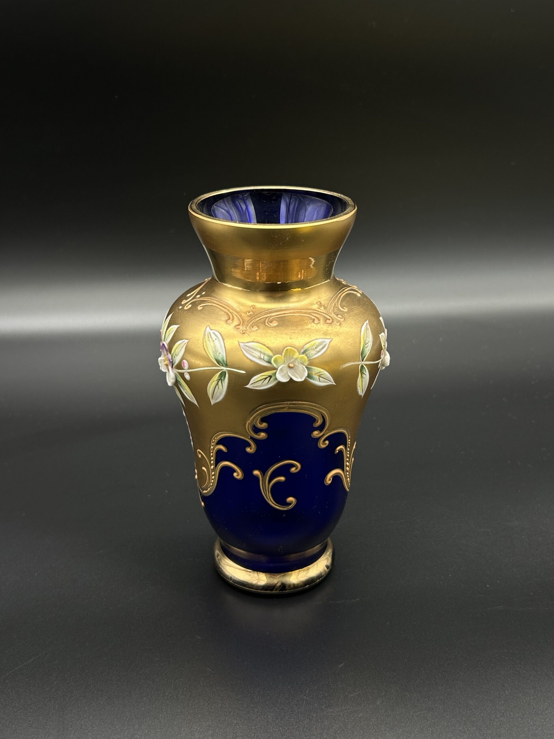 Wazon szklany złoto-kobaltowy z emalią